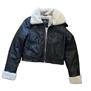 Hollister Faux Fur Faux Leather Cropped Moto Jacket XS Black Fall
